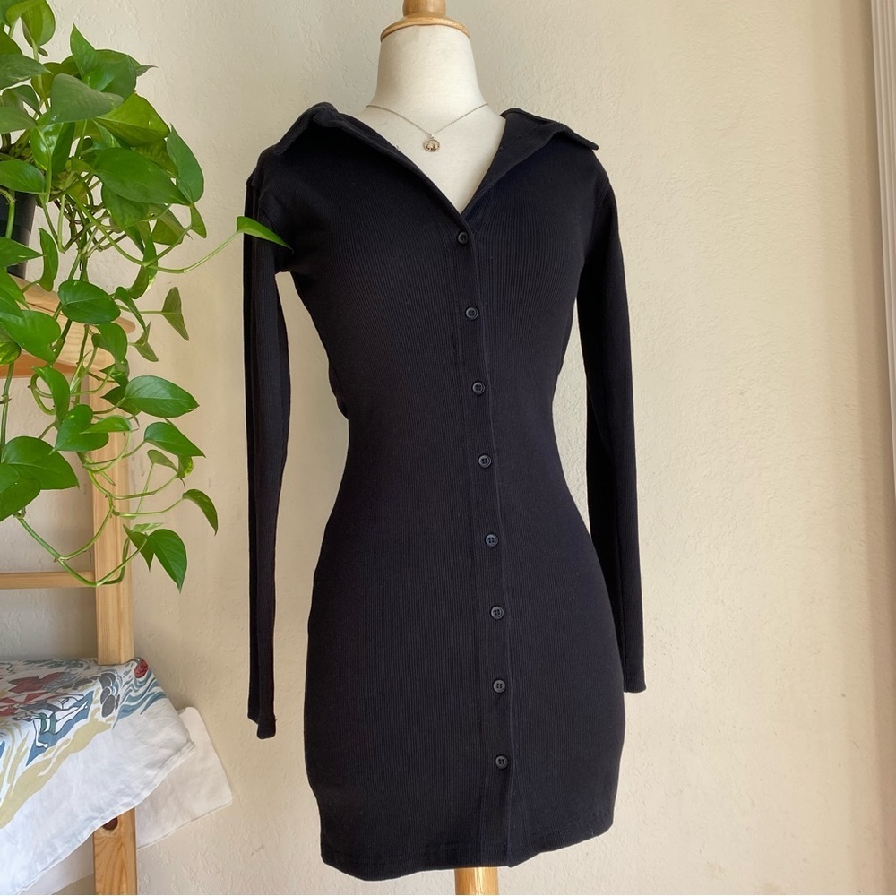 Nasty Gal stretch Ribbed button up collared long sleeve black dress